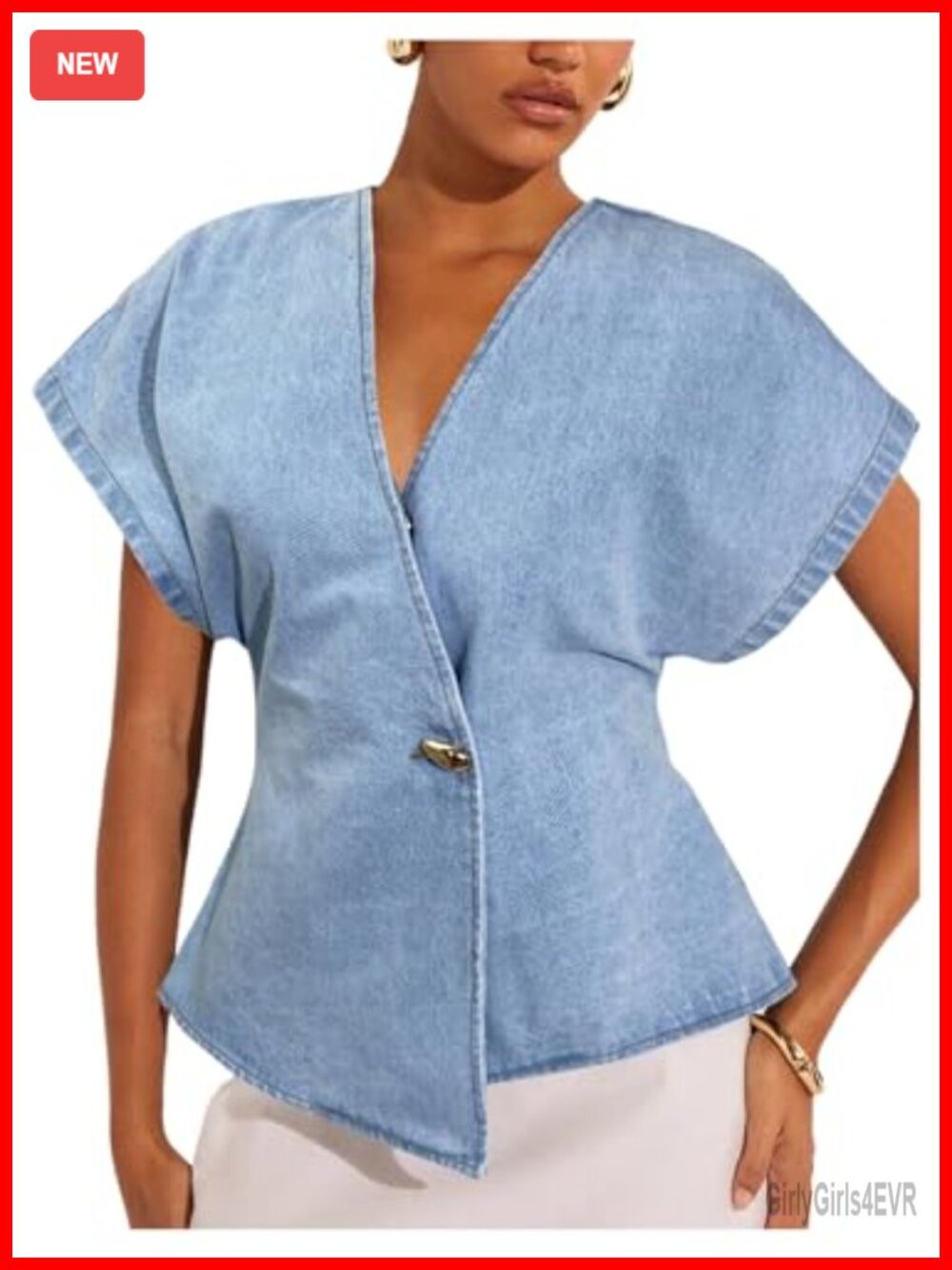 Floerns Women Asymmetrical Denim Button Dolman Sleeve Wrap V Neck Blouse